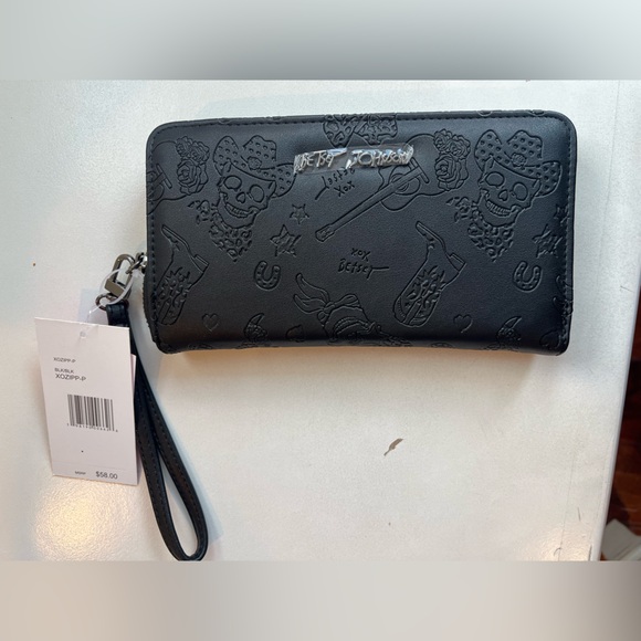 Betsey Johnson Black Embossed Wristlet Wallet with Skulls Cowboy Boots